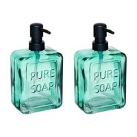 Luxe zeeppompje/dispenser PURE - 2x - groen transparant - glas - 18 x 10 cm - 570 ml - thumbnail