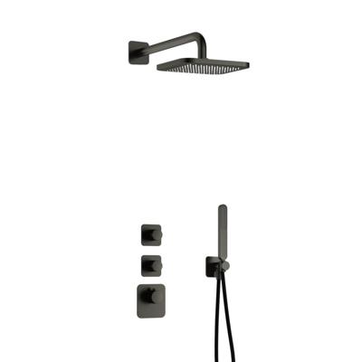 Hotbath Gal - Inbouw Regendoucheset - Geborsteld Gunmetal PVD - 2 Stopkranen - Thermostatisch - Wandarm 35 cm - Hoofddouche 220 mm - Staafhanddouche - V01