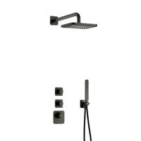 Hotbath Gal - Inbouw Regendoucheset - Geborsteld Gunmetal PVD - 2 Stopkranen - Thermostatisch - Wandarm 35 cm - Hoofddouche 220 mm - Staafhanddouche - V01
