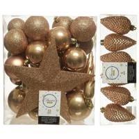 Kerstversiering kunststof kerstballen met piek camel bruin 5-6-8 cm pakket van 39x stuks - Kerstbal - thumbnail