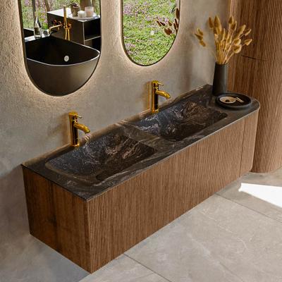 Mondiaz KURVE-DLUX 145 cm Onderkast Greeploos 1 Lade Met Deuren Walnut, Wastafel Solid Surface Links Lava 2 Kraangaten Zonder Spiegel (KRVLEA145R1L1D2KD-Wal/Lav)