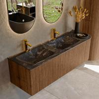 Mondiaz KURVE-DLUX 145 cm Onderkast Greeploos 1 Lade Met Deuren Walnut, Wastafel Solid Surface Links Lava 2 Kraangaten Zonder Spiegel (KRVLEA145R1L1D2KD-Wal/Lav)