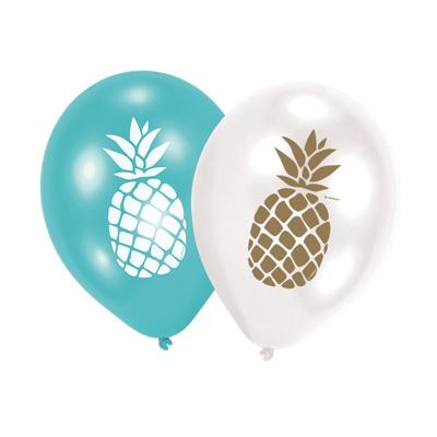 Ballonnen ananas - 6x stuks - 27 cm - blauw/wit - feestartikelen Ballonnen ananas - 6x stuks - 27 cm - blauw/wit - feestartikelen