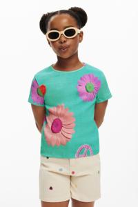 Ribbed bloemen T-shirt - BLUE - 11/12