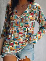 Geometrisch V-hals Lang mouw Casual T-shirt - thumbnail