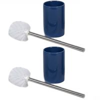 2x stuks wc/toiletborstels inclusief houders blauw/zilver 37 cm van RVS/keramiek - Toiletborstels - thumbnail
