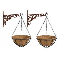 Set van 2x stuks Hanging baskets 25 cm met ijzeren muurhaken - metaal - complete hangmand set - thumbnail