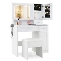 Kaptafel en Krukset Make-Uptafel met 3-Kleuren LED-Spiegel Oplaadstation Sieradenkast en Lades Witte Kaptafel
