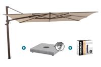 4 Seasons Finca zweefparasol 4x3 m - Zand/ Donkere houtlook met Finca voet en hoes