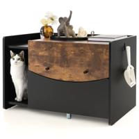 Kattenbak met Uittrekbare Lade op Wieltjes Klapdeur Binnenkastje aan de Zijkant Nachtkastje Verborgen Kattentoilet Zwart + Bruin