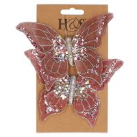 2x stuks kunststof decoratie vlinders op clip roze 10 x 15 cm - thumbnail