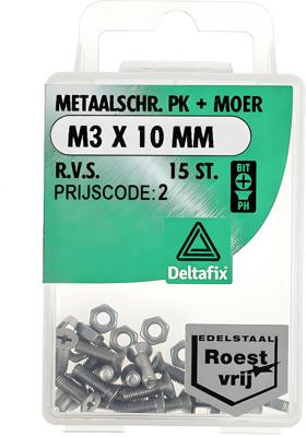M.schroef moer pk m3x10mm rvs 15st - Deltafix