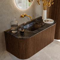 Badmeubel Mondiaz Kurve-Dlux | 100 cm | Meubelkleur Walnut | Wastafelkleur Lava | Solid surface | Midden spoelbak | Zonder kraangat(en)