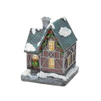 Verlicht kersthuisje - blauw dak - polystone - 13 cm - kleur veranderende lichtjes - kerstdorp