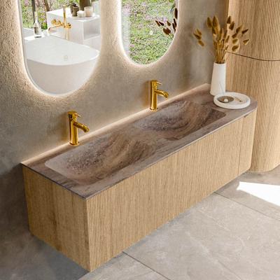 Badmeubel Mondiaz Kurve-Dlux | 145 cm | Meubelkleur Oak | Wastafelkleur Oza | Solid surface | Dubbel / Links spoelbak | 2 kraangaten