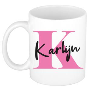 Naam mok Karlijn - roze - wit - keramiek - 300 ml - verjaardag/cadeau beker