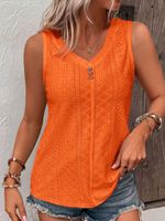 Loose V Neck Casual Buttoned Eyelet Embroidery  Front Tank Top - thumbnail