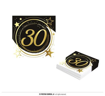 Servetten Sterren zwart/wit/goud 30 Jaar (12st)