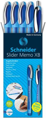 Schneider balpen Slider Memo, extra breed, blauw, 4 stuks + 1 Rave GRATIS