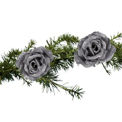 Kersthanger - 2x stuks - bloem - op clip - zilver - 9 cm - Kerstboomversiering