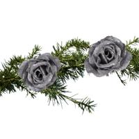 Kersthanger - 2x stuks - bloem - op clip - zilver - 9 cm - Kerstboomversiering