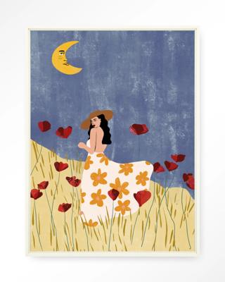 Urban Cotton Wandkleed 'Girl In A Poppyfield' 145 x 190cm in Floating Frame - off white