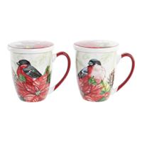 Kopje voor infusions DKD Home Decor Fågel Porselein Rood Groen (380 ml) (2 Stuks)