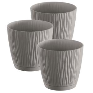 Plantenpot/bloempot Waves - 3x stuks - kunststof - steengrijs - D15 x H14 cm - binnen/buiten