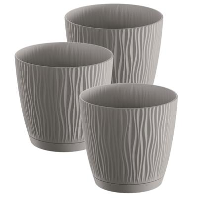 Plantenpot/bloempot Waves - 3x stuks - kunststof - steengrijs - D15 x H14 cm - binnen/buiten