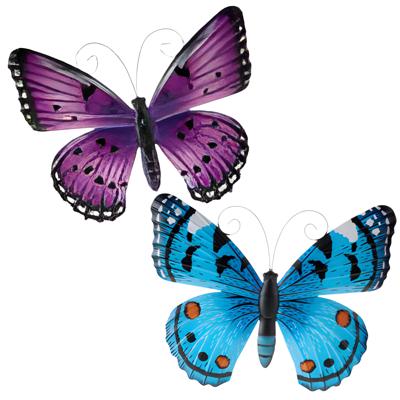 Wanddecoratie vlinders - 2x stuks - paars en blauw - 34 x 28 cm - metaal - muurdecoratie tuin