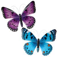 Wanddecoratie vlinders - 2x stuks - paars en blauw - 34 x 28 cm - metaal - muurdecoratie tuin