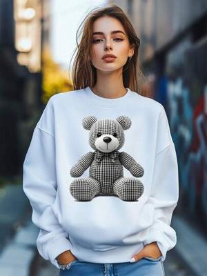 Bon&Bon Women's Teddy Bear Plaid Print Sweatshirt - Loose Crew Neck Pullover White / XL
