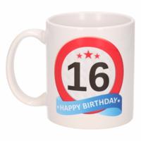 16 jaar Verjaardag koffiemok - cadeau beker - stopbord print - 300 ml - keramiek - wit