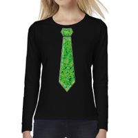 Verkleed shirt voor dames - stropdas pailletten groen - zwart - carnaval - foute party - longsleeve - thumbnail