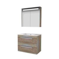 Basic-Line Premium 46 Badkamermeubelset - 80 x 46 cm - Met Grepen - 2 Lades - Keramische Wastafel - 1 Kraangat - Spiegelkast met LED Verlichting - Scotch Oak