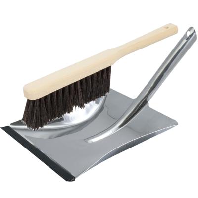 Stoffer en blik set - zilver blik van RVS - houten veger natuurharen - voor binnen gebruik Stoffer en blik set - zilver blik van RVS - houten veger natuurharen - voor binnen gebruik
