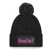 Wintersport muts met pompom - Koud He - zwart - roze glitters - one size - volwassenen - Apres ski