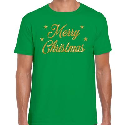 Foute Kersttrui t-shirt - Merry Christmas - groen - met gouden glitter letters - heren Foute Kersttrui t-shirt - Merry Christmas - groen - met gouden glitter letters - heren