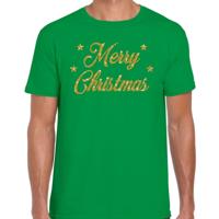 Foute Kersttrui t-shirt - Merry Christmas - groen - met gouden glitter letters - heren