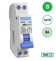 8A GACIA installatieautomaat M80N-B08 1p+n B8 6kA (18mm)