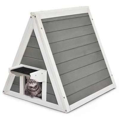 Binnen Buiten Driehoek Houten Kattenhuis met Weerbestendig Dak Asfalt Eave Houten Kitten Huisje Schuilplaats Huisdier Huis Grijs