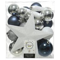 Decoris kerstballen - 34-dlg - blauw/wit/zilver - kunststof - kerstversiering
