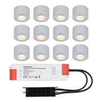 Set van 12 Navarra Mini LED Opbouwspots met Trafo - 12 Volt 3 Watt 200 lumen - Plat 21,5mm - 2700K - IP44 waterdicht - Aluminium - Niet Dimbaar