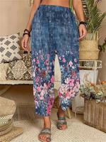 Women's  Elastic Band H-Line Straight Pants Daily Going Out Pants Blue Casual Floral Spring/Fall Pants