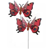 2x stuks rode metalen tuindecoratie vlinder op stok 17 x 60 cm - Tuinbeelden