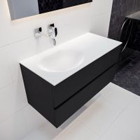 Mondiaz Vica Moon badmeubel zwart mat 100 cm 2 lades solid surface enkele spoelbak links zonder kraangat