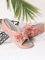 3D Floral Cutout Upper Vintage Bohemian Wedge Slippers - thumbnail