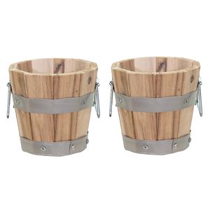 Mega Collections Plantenpot/bloempot - 2x - hout - bruin - hendels - D20 x H17 cm - Plantenpotten