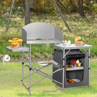 Opvouwbare Campingkast Campingkeuken met Windscherm & Opbergtas Draagbare Opvouwbare Campingkast Aluminium Frame Grijs