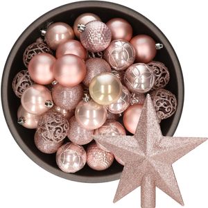 37x stuks kunststof kerstballen 6 cm incl. ster piek lichtroze